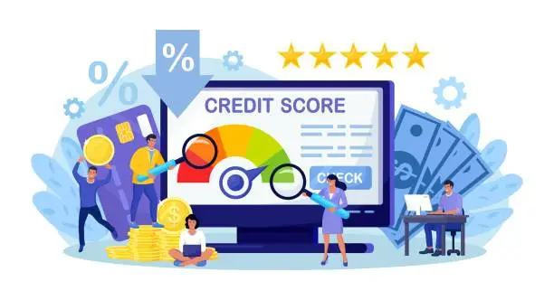 Vector illustration of Credit score, rating. People examining client creditworthiness report with credit history . Bank analysts evaluating ability of prospective debtor to pay debt. Payment history data meter. Loan mortage