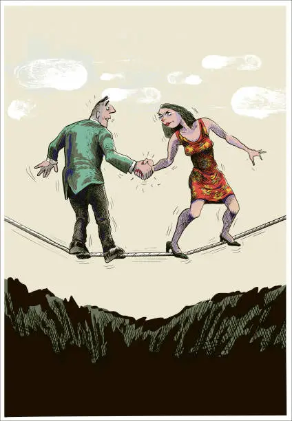 Vector illustration of Man and Woman Trying to Balance on the Rope