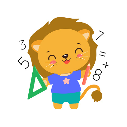 Lion Math Book School Student Lion Holding A Pencil And Ruler Maths Learning Stock ...
