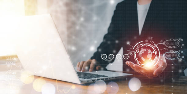 istock Global network connection, Social network communication. Businessman hand hold virtual global. Link digital marketing. Internet data exchange, digital transformation, metaverse, big data visualization 1466372423