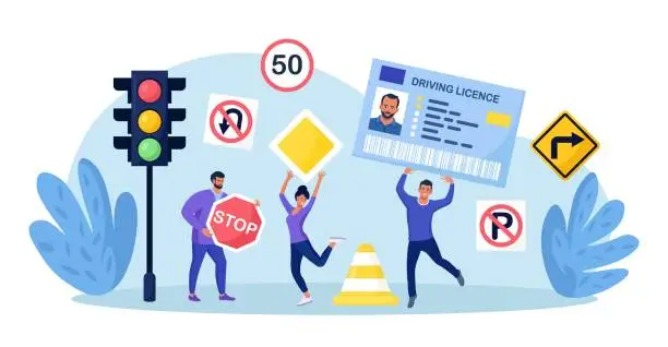 Vector illustration of Driver License. People Studying in School Learning Traffic Rules, Passing Exams, Get Permission for Auto Owning. Characters with ID Card, International Permit, Traffic Signs. Driving School.