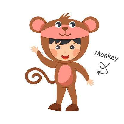 Happy child is wearing Monkey animal costumes . Vector .