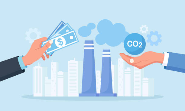 ilustrações de stock, clip art, desenhos animados e ícones de businessman paying carbon tax. ghg payment as environmental fee to reduce co2. greenhouse gas cost of emission or pollution, charged for global warming. factory pipe emitting toxic smoke - currency exchange tax finance trading