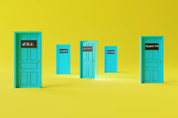istock Many doors with different inscriptions like work, money, promotion and the open door of happiness. 1466374634