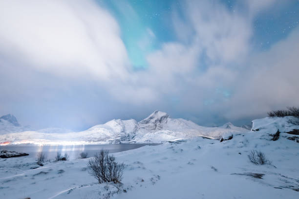 Northern Lights in winter landscape stock photo
