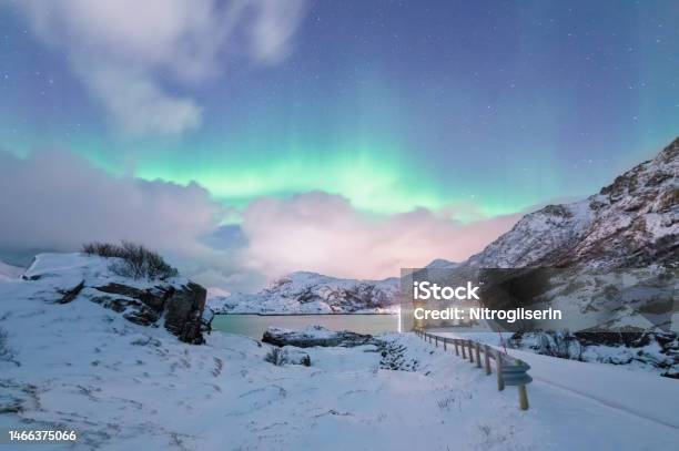 Northern Lights In Winter Landscape Stock Photo - Download Image Now - Astronomy, Aurora Borealis, Aurora Polaris