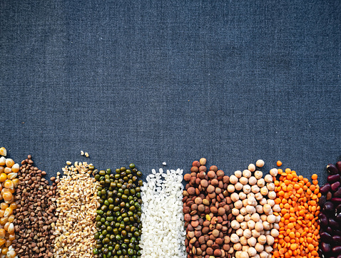 Autumn harvest of grain grain, full screen of whole grains. Different cereal background.