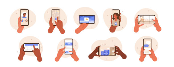 hands with smartphones set Hands gestures illustration set. Diverse people hands holding smartphones and using various apps like social media, chats and maps. Smartphone user activity concept. Vector illustration. tapping stock illustrations