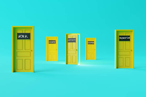 istock Many doors with different inscriptions like work, money, promotion and the open door of happiness. 1466376094