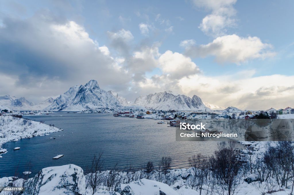 Reine the hearth of Lofoten Picturesque scene from the most visited town Raine in Lofoten Islands, Norway Architect Stock Photo