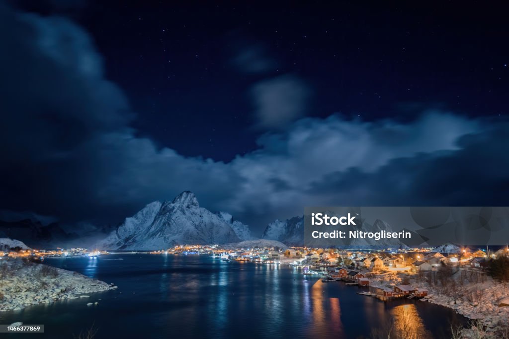 Reine the hearth of Lofoten Picturesque night scene from the most visited town Raine in Lofoten Islands, Norway Lofoten Stock Photo