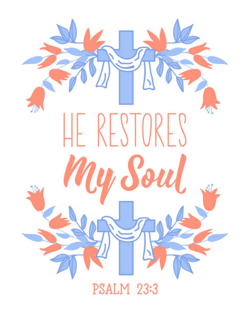 ilustrações de stock, clip art, desenhos animados e ícones de he restores my soul. lettering. calligraphy vector. ink illustration. bible quote. - psalms