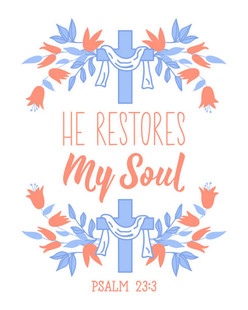 He restores my soul. Lettering. calligraphy vector. Ink illustration. Bible quote. He restores my soul. Lettering. Can be used for prints bags, t-shirts, posters, cards. Bible quote. Calligraphy vector. Ink illustration psalms stock illustrations