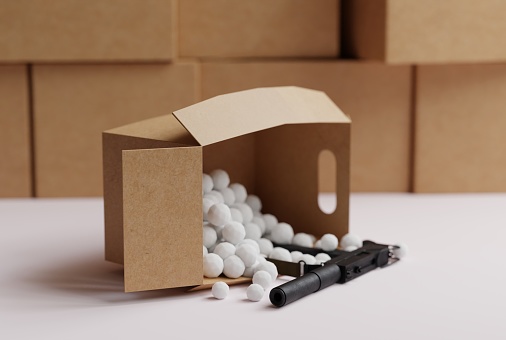 The concept of delivering dangerous items, sending weapons by courier parcels. 3D render, 3D illustration.