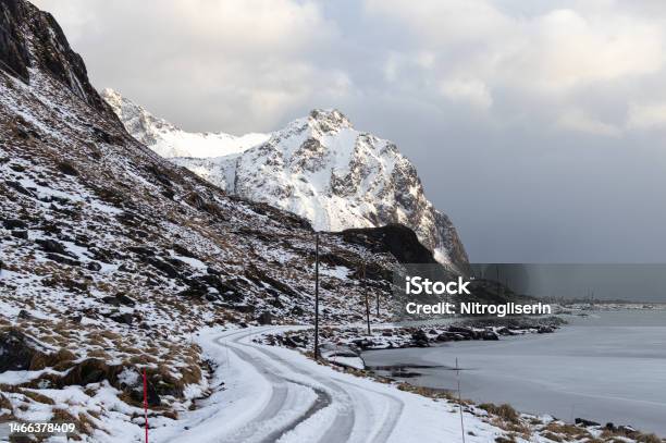 Winter Mountain Scenery In Lofoten Stock Photo - Download Image Now - Beauty In Nature, Blue, Blue Background