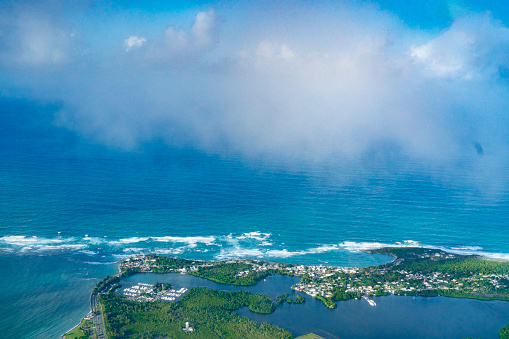 Aerial view of Hanalei Beach pier Bay Kauai Hawaii USA