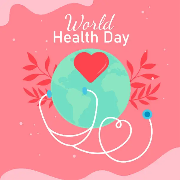 Vector illustration of World health day background. Earth, stethoscope