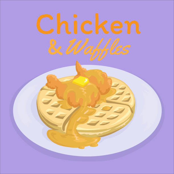 huhn und waffeln, südliches hausmannskost, vektorillustration auf violettem hintergrund - waffle chicken fried chicken food stock-grafiken, -clipart, -cartoons und -symbole