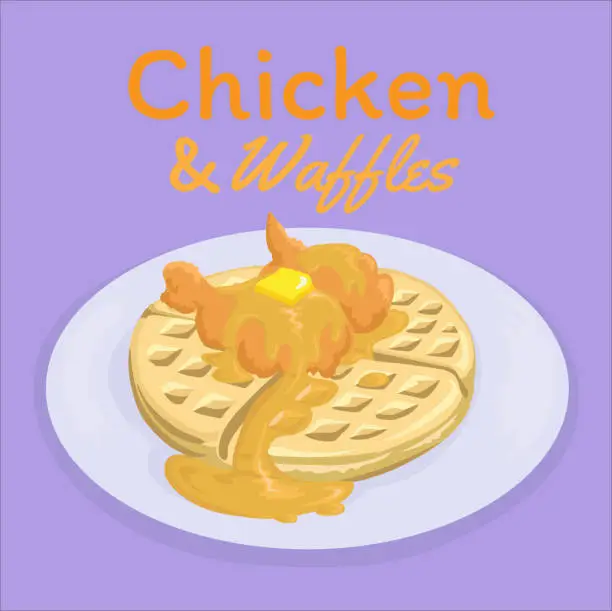 Vector illustration of Chicken and Waffles, Southern comfort food, vector illustration on purple background