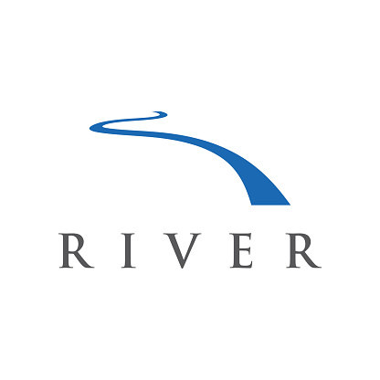 Logos of rivers, creeks, riverbanks and streams. River logo with combination of mountains and farmland with vector concept design.