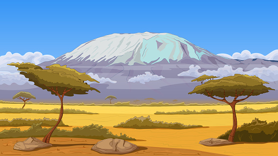 African savannah landscape, trees and pasture fields against the backdrop of the Kilimanjaro mountain range. Hand drawing, contour line. Wildlife scene,Tanzania panoramic view, vector illustration.