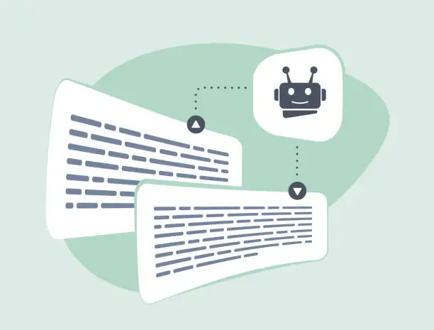 Vector illustration of AI Rewriting, writing articles, SEO content generation using artificial intelligent and neural network models. AI generates new text by processing input using language model trained on vast corpus