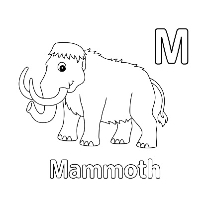 This ABC vector image shows a Mammoth Animal coloring page. It is isolated on a white background. Perfect for children and elementary school students to learn the alphabet and all its letters.