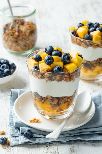 istock Healthy breakfast, fresh greek yogurt, granola, mango and blueberries 1466389748