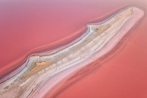 vista aerea del lago estremamente salato con piattaforma di sale nell'acqua rosa, sfondo astratto naturale - salt pond foto e immagini stock