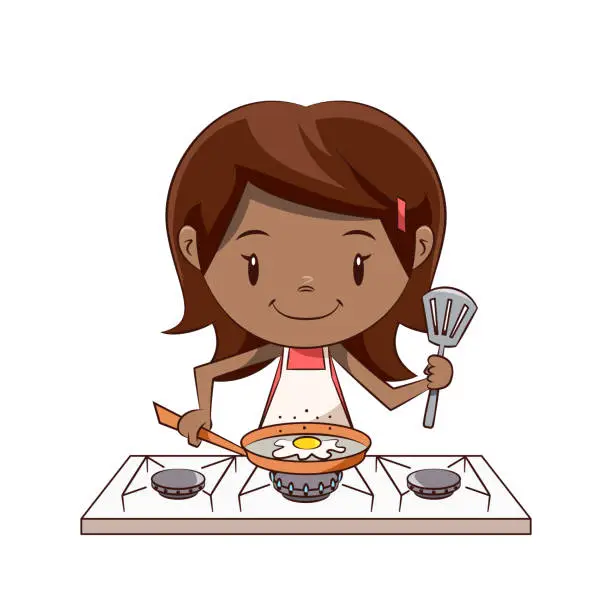 Vector illustration of Little girl cooking fried egg