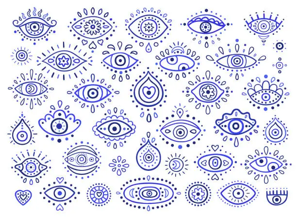 Vector illustration of Doodle style Turkish evil eye symbols. Ethnic style blue Greek protection from the spoilage signs. EPS 10 vector illustration set, use for stickers, decals. Isolated on the white background.