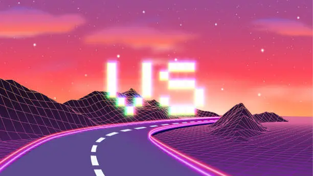 Vector illustration of Versus sign with arcade game style with pixel letters over synthwave landscape. 80s styled VS emblem for competition poster.