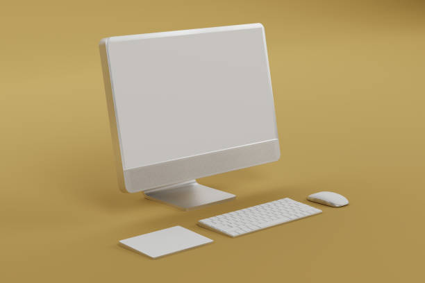 istock 3d Computer monitor, wireless mouse, keyboard float on yellow background.3d illustration 1466399465