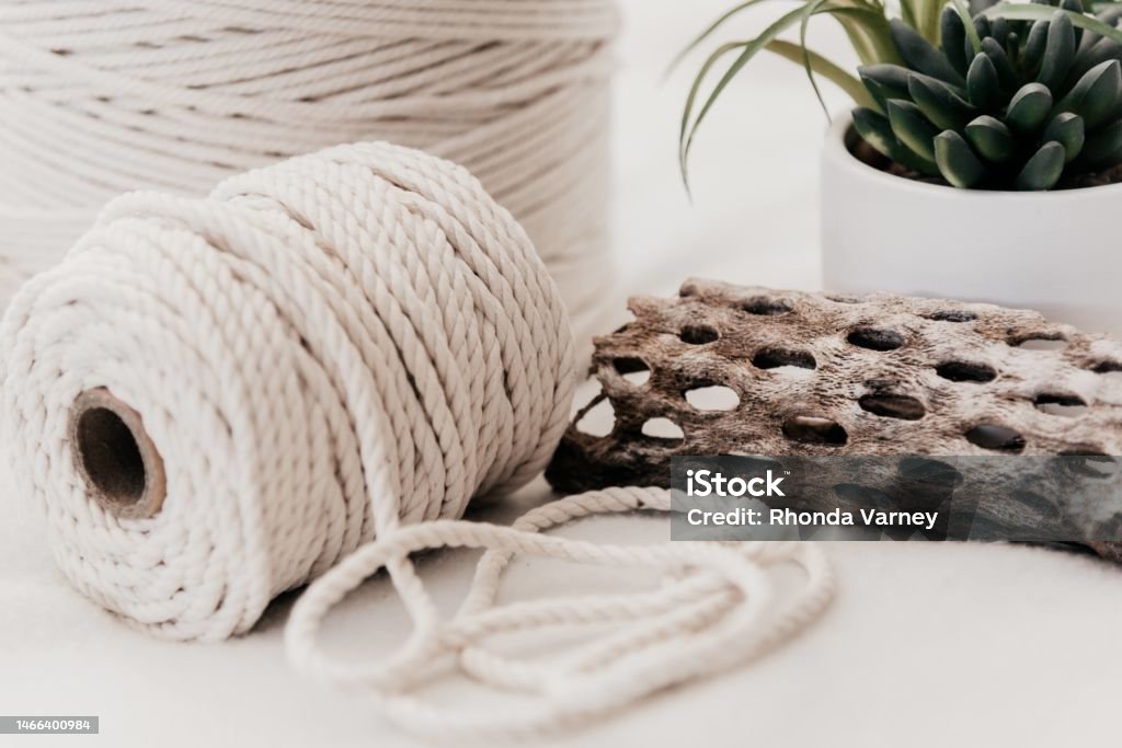 Macrame Thread Background Natural Cord Macrame On Soft White Background Stock Photo - Download ...