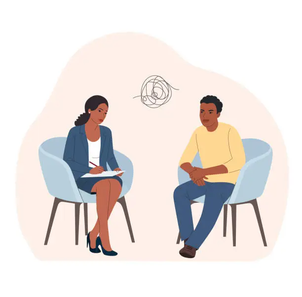 Vector illustration of Psychiatrist work with Black man on the chairs. Psychological consultation