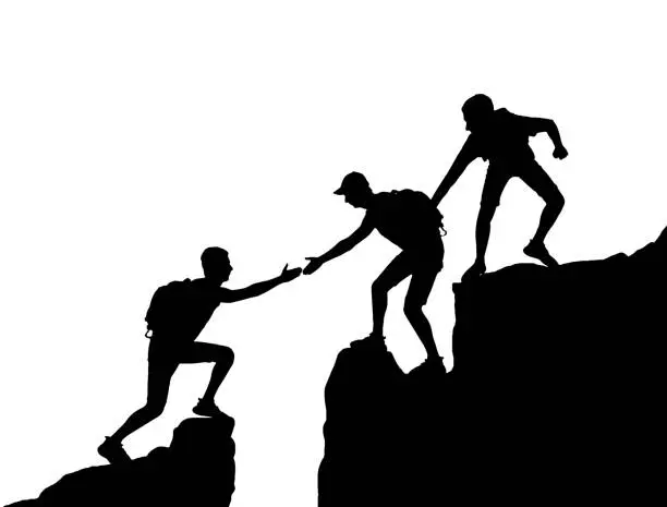 Vector illustration of The silhouette of two climbers in the mountains helps another climber overcome an obstacle. Business concept of teamwork