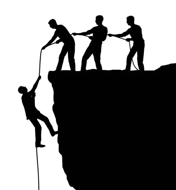 Vector illustration of Silhouette of three climbers pulling a man out of the abyss. Vector Silhouette. Business teamwork concept