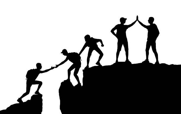 Silhouette of five climbers who climbed to the top of the mountain, working as a team. Conceptual business scene of teamwork and success Silhouette of five climbers who climbed to the top of the mountain, working as a team. Conceptual business scene of teamwork and success. Vector Silhouette group mountain silhouette stock illustrations