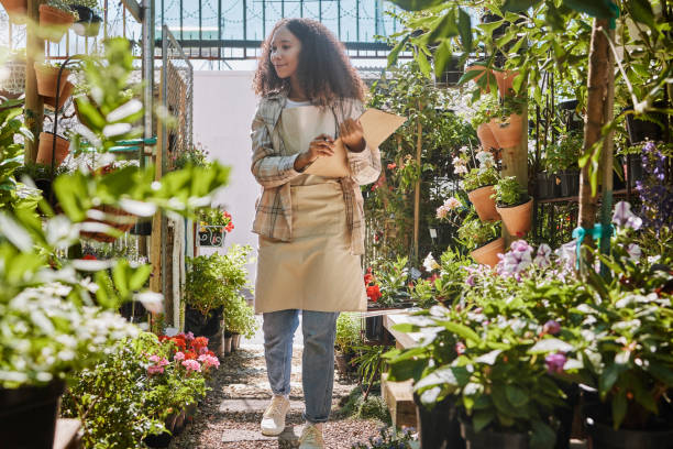Store, flowers or black woman with checklist for quality control or quality assurance monitoring plants growth. Small business, gardening or florist worker writing on clipboard for floral inspection tienda, flores o mujer negra con lista de verificación para el control de calidad o control de calidad que monitorea el crecimiento de las plantas. trabajadores de pequeñas empresas, jardinería o floristería escribiendo en el portapapeles para inspecci