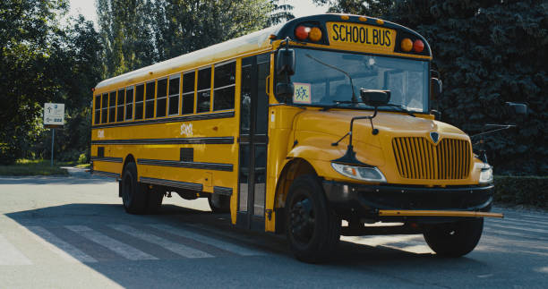 istock Empty yellow school bus standing on parking lot surrounded greenery sunny day. 1466413649