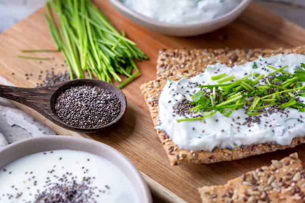 istock Crispbread, fresh curd, herbs and chia seeds 1466415668