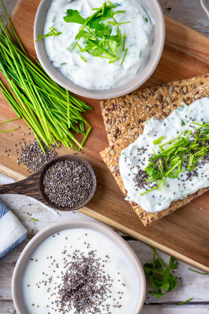 Crispbread, fresh curd, herbs and chia seeds