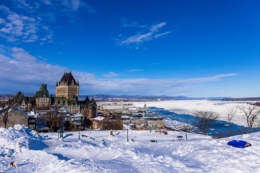 Quebec, track to slide on the Plains of Abraham leading to the foot of old Quebec and its Chateau Frontenac.