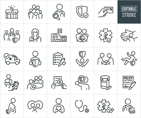 A set of medical health care insurance icons that include editable strokes or outlines using the EPS vector file. The icons include a pharmacy, family with health care insurance coverage, online physician search in insurance network, insurance coverage represented with a shield and checkmark, hand holding an insurance prescription card, team of doctors covered by health insurance, female insurance agent, hospital emergency, couple holding a shield to represent health insurance coverage, hand protecting a single mother and child to represent health insurance, ambulance insurance, person holding a shield, medical insurance questionnaire, couple holding newborn, person slipping and falling, person with broken arm receiving financial compensation from insurance, insurance agent working up insurance policy with a couple in office, search of health insurance, prescription medication, insurance policy form, pregnant woman, family surrounded by heart shape, stethoscope, rising cost of health care and a doctor covered by malpractice insurance.