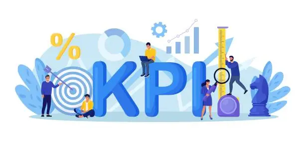 Vector illustration of Key Performance Indicator. Businessman using measuring tape to measure KPI. Business success, performance measurement, target achievement. Data review, evaluation. Analytics tool, financial management