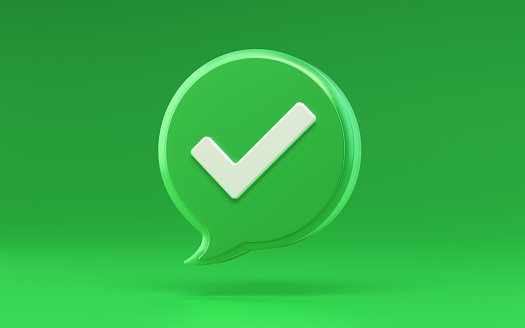 3D Render Speech Bubble With Check Mark icon, On Green Background, (Clipping path)