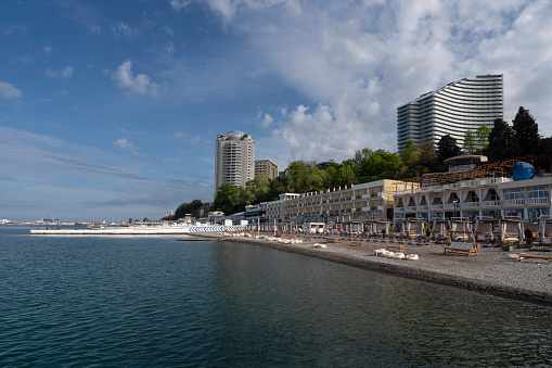 Sochi, Krasnodar Territory, Russia, 05.03.2022: View of the beaches along the Primorsky street of Sochi on a sunny morning