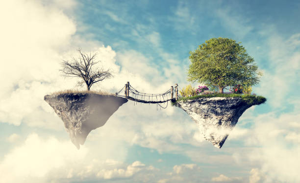 istock Bridge connecting desolate land and green positive floating island 1466424467