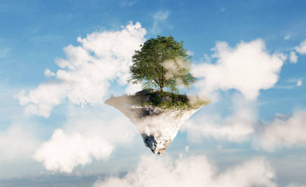 istock Floating island with green grass and tree on sky with clouds 1466424470