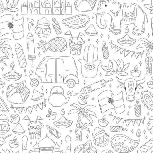 Vector illustration of Indian seamless pattern with sketched doodles